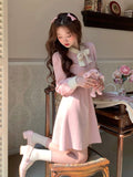 Autumn Pink Sweet Knitted Dress Women Bow France Vintage Elegant Mini Dress Female Long Sleeve Korean Style Chic Party Dress New