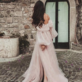 Darianrojas Pink Shiny Tulle Prom Dresses Off The Shoulder Long Puff Sleeve Evening Party Gowns Slit Women Arabia Wedding Dress