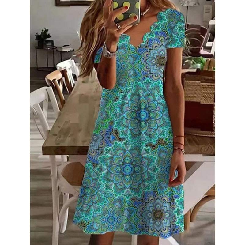 Women's New Summer Pullover  Fashion Print Slim A-Line Skirt Sexy Wave V-Neck Short Sleeve Oversized Comfortable Dress