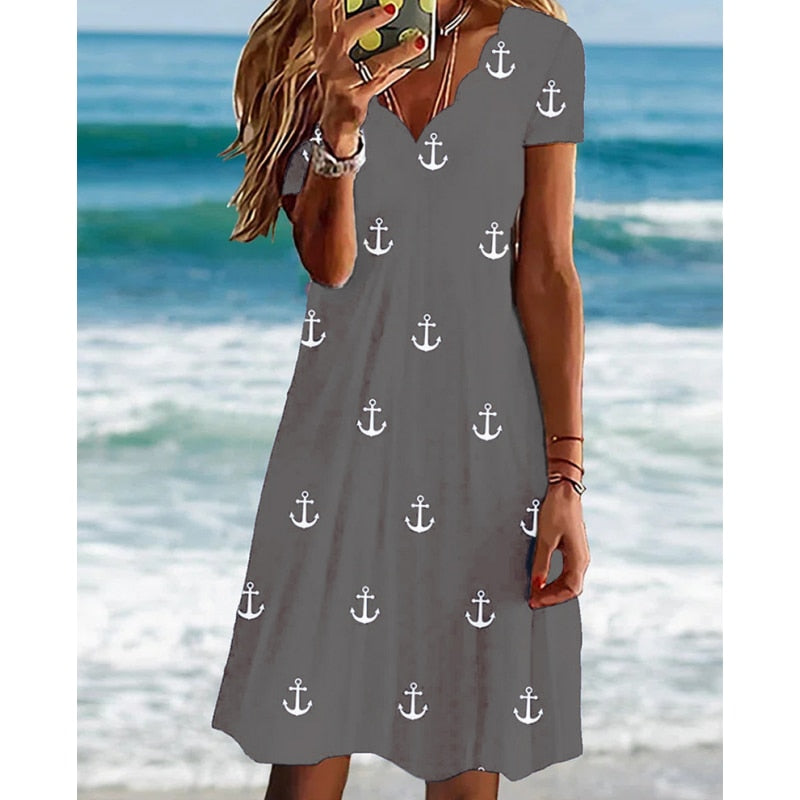 Women's New Summer Pullover  Fashion Print Slim A-Line Skirt Sexy Wave V-Neck Short Sleeve Oversized Comfortable Dress