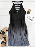 Sexy Deep V Neck Hollow Out Mini Tank Dress Novelty Gradient  Summer Sleeveless Loose T Shirts Dress with Pockets Casual New