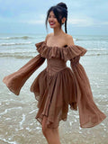 Darianrojas Retro Chic Brown Corset Pleated Summer Dress Off Shoulder Fashion Ruffles Patchwork Beach Women's Dress Sexy Sundress