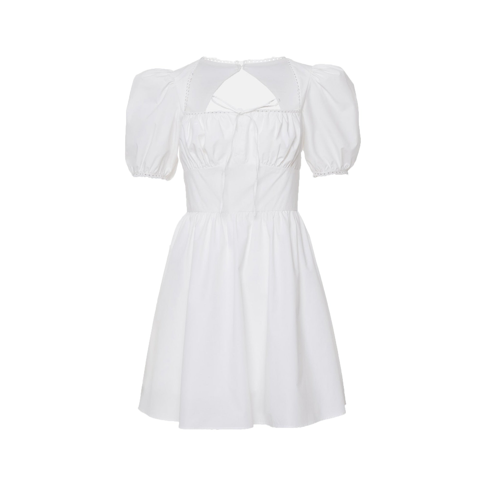 Gathered Cutout Mini Dress Summer Solid White Dress Square Neck Cinched Waist Airy Lantern Sleeve Flared Hem Lady Party Dress
