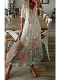 Long Dress Women Summer Vintage Floral Print V Neck Half Sleeve Dresses Female Casual Drawstring Loose Beach Dress