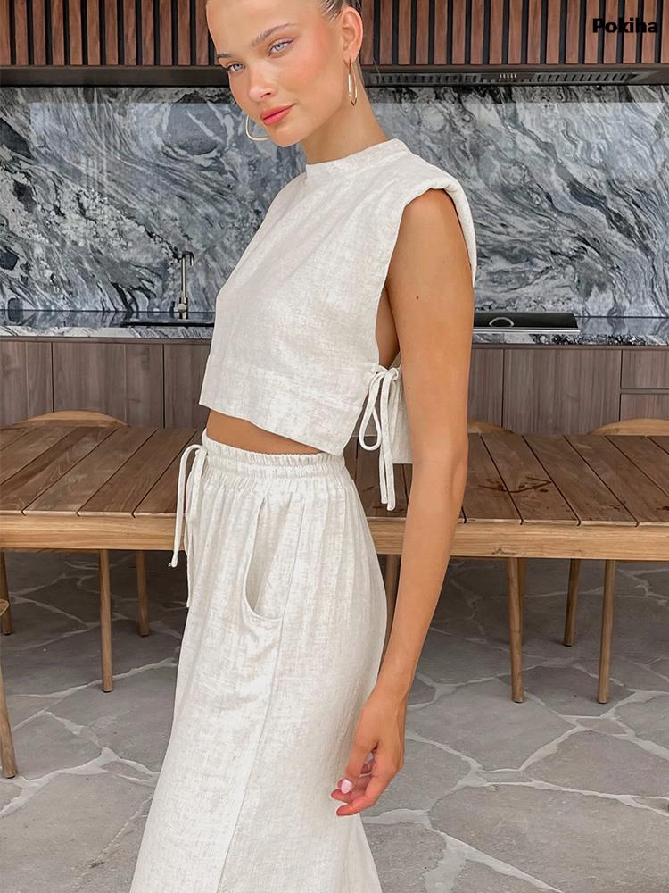Summer Women Holiday Linen Pant Set Crop Tops Solid Outfits 2 Two Piece Matching Set For Women Sleeveless Casuals Fashion