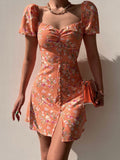 Summer Print Dress French Style Puff Sleeve Floral Off Shoulder Mini Dress Casual Corset Strapless Women Dress