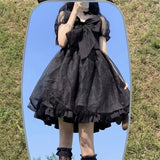 Darianrojas Lolita Black Dress Kawaii Aesthetic Puff Sleeve High Waist Vintage Bandage Lace Trim Party Gothic Clothes Summer Dress Woman