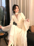 Spring Elegant V-Neck Midi Dress Office Lady Long Sleeve Casual One Piece Dress Korean French Vintage Chiffon Dress Women