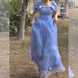 Vintage Women's Dress Elegant Fairy France Blue White Casual Retro y2k Party Midi Evening Dresses Sweet New Korean Princess