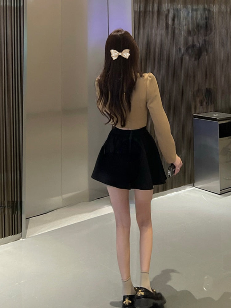 Darianrojas Autumn 2 Piece Dress Set Woman Bow Long Sleeve Short Cardgian + Pure Color Casual Mini Skirt Elegant Korean Suit Female