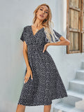 Chiffon Dress Summer Dress  Retro Yellow Red Floral Print Female Casual V-neck Short-sleeved A-line Beach Long Robe Dress