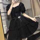 Darianrojas Japanese Lolita Princess Black Sexy Bad Girl Mini Dress Woman Kawaii High Waist Puff Sleeve Lace Ruffles Party Y2k Streetwear