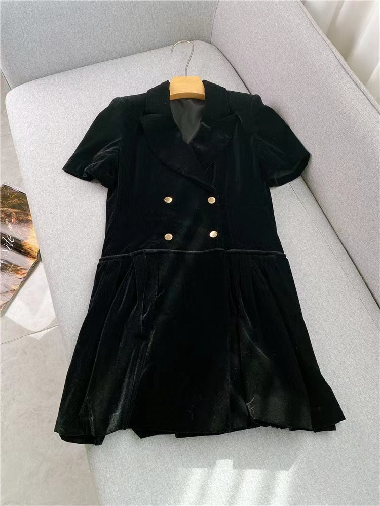 Spring Autumn New French S A-line Dress For Women Classic Retro Velvet Black Double-breasted Short-sleeved Suit Collar Skirts