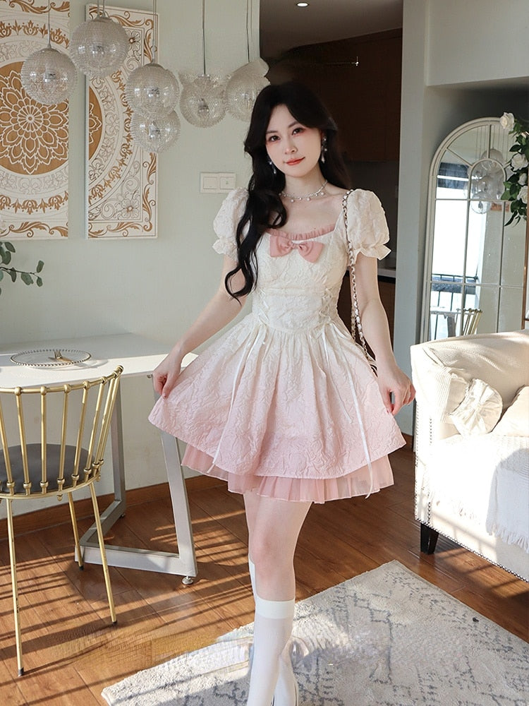Pink Kawaii Lolita Party Mini Dress Women Puff Sleeve Casual Sweet Dress Female Elegant France Vintage Dress Spring Summer