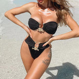 Sexy Solid Black Bikini Women Off Shoulder High Cut Push Up Padded Rhinestone Swimwear Brazilian Bathing Suit Swimsuit