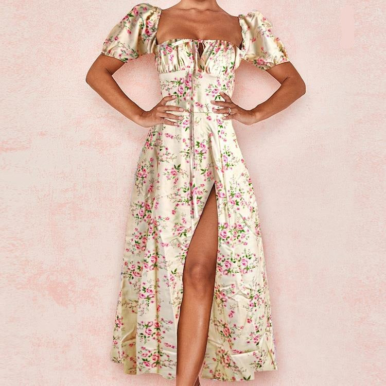 Sexy Floral Print Maxi Dress Women Elegant Square Neck Puff Sleeve High Split Long Dress Summer Casual Outfit Party Chic Vestido