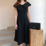 Big Collar Patchwork A A Line Dress Midi Black Vestidos Verano  Elegant Office Jurk Korean Style Women Retro Robe De Soiree