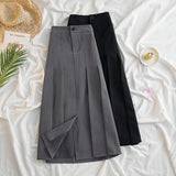 Lucyever Black Gray Pleated Long Skirt for Women  Spring Japanese Style High-Waist Skirts Woman Office Streetwear Midi Skirt