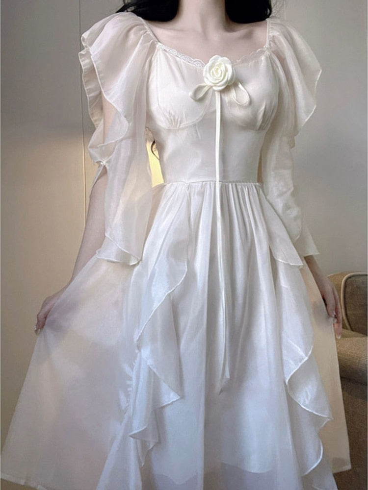 Darianrojas Elegant White Dress Women Fairy Dresses Summer Chiffon Vintage Female Sundress Ruffles Holiday Style Fashion Robe
