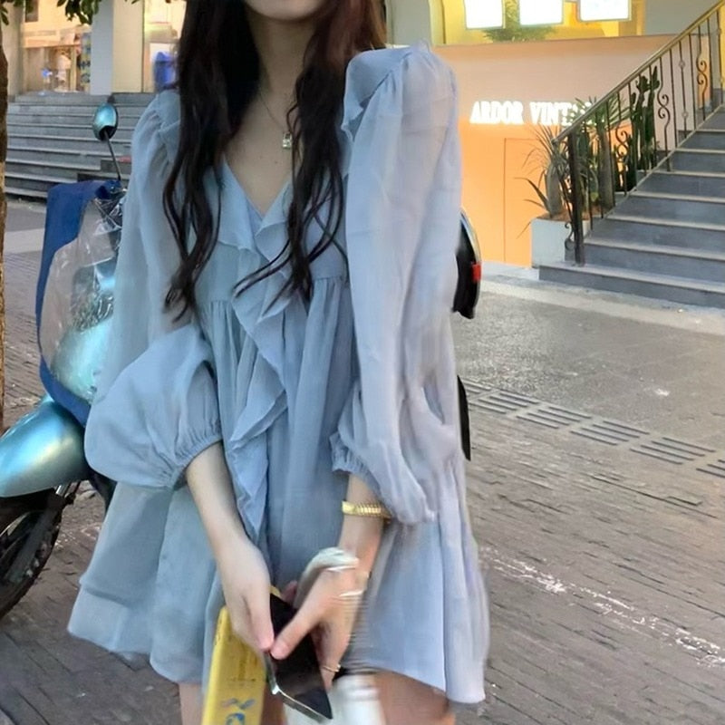 Autumn Sweet Elegant Chiffon Blouse Women Blue Casual Korean Fashion Blouse Female Ruffle High Street Designer Clothing New