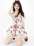 Print Floral Kawaii Sweet Dress Women Red Christmas Elegant Party Mini Dress Off Shoulder France Cute Strap Dress Fairy