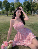 Darianrojas Casual Floral Sexy Dress Women Summer Pink Sleeveless Patchwork Mini Dresses Female Elegant Party Holiday Slim Korean Dress