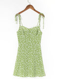 Retro French Yellow Green Floral Grass Print Spaghetti Strap Dress Sexy Women Lacing Up Sling Short Dresses Holiday Robe