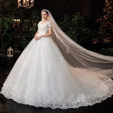 Luxury Lace V Neck Ball Gown Wedding Dresses Short Sleeve Princess Illusion Applique Bridal Gowns