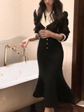 Vintage Black 2 Piece Dress Set Office Lady Long Sleeve Short Blazers + Elegant Slim Midi Skirt Woman Korean Suit  Autumn