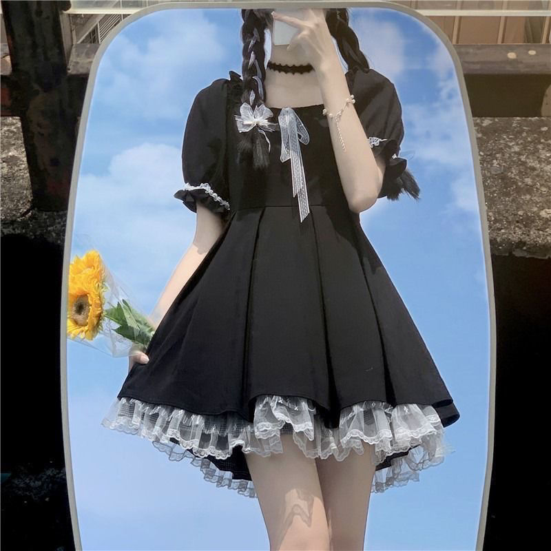Darianrojas Gothic Lolita Dress Women Goth Harajuku Cute Lace Black Puff Sleeve Short Dresses School Jk Summer Girls