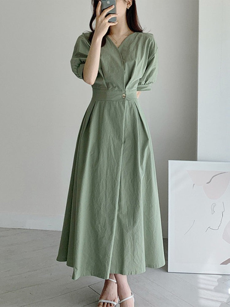 Vintage Solid Linen V-Neck Short Sleeve Elastic Waist Woman Midi Dress Elegant Green Summer Korean Fashion Women Clothes