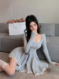 Long Sleeve Lace Mini Dress Woman Lolita Kawaii Dress Party Casual  Autumn Slim Pure Color Elegant Dress Korean Style Female