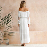 Female Strapless Long Sleeve Sundress Women's White Beach Dress Summer Loose Sexy Off Shoulder Lace Boho Maxi Dress  Feme