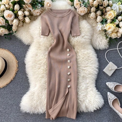 Chic Elastic Knit Split Bodycon Dress Short Sleeve O Neck Women Elegant Korean Fashion Vestidos Summer Slim Wrap Pencil Dress