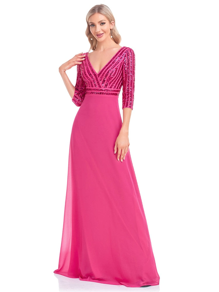 Elegant Sequined Long Sleeve Gown V Neck Pink Evening Dress Wedding Party Graduation Prom Dresses For Women