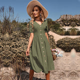 Summer Women's Short Sleeve V Neck Solid Color Single Breasted Cotton Linen A Line Causal Dress