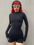 Solid Black Rompers Womens Jumpsuit High Waist Hollow Out Bodycon Playsuit Long Sleeve Sexy Bodysuit Y2k One Piece