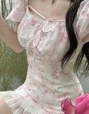 Darianrojas Summer Sexy Elegant One Piece Dress Korea Fashion Short Sleeve Lace Midi Dress Woman Casual Vintage Floral Party Dress Slim