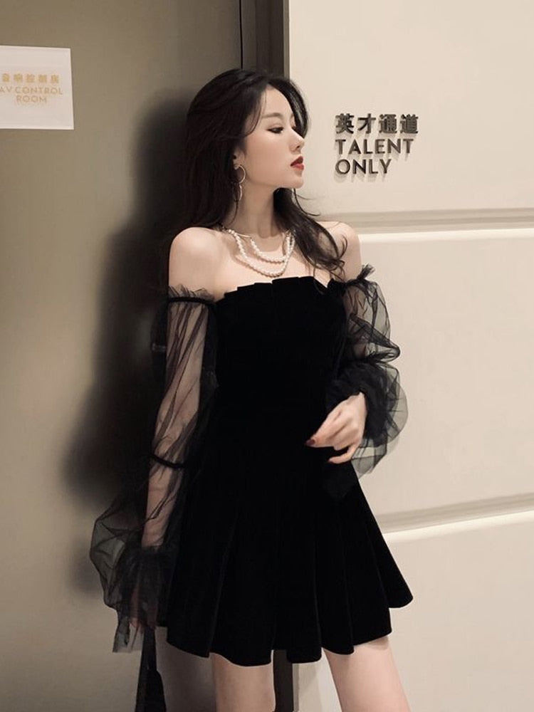 Sexy Off Shoulder Mesh Patchwork Dress Women Fashion Puff Sleeve A Line Mini Black Dress Spring Korean Lady Slim Vestidos