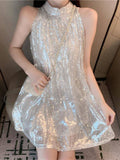 ZOKI Fashion Sequined Women Mini Dress Summer Silver Pullover Stand Collar Party Dress Sexy Club Night Summer Ladies Dress New