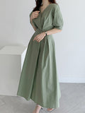 Vintage Solid Linen V-Neck Short Sleeve Elastic Waist Woman Midi Dress Elegant Green Summer Korean Fashion Women Clothes
