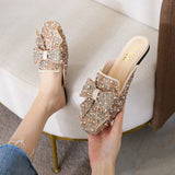 Darianrojas Square Toe Paillette Beads Mules Women Slippers Summer Shoes Woman Sandals Flip Flops Pearl Bling Glitter Slides Plus Size 34-43