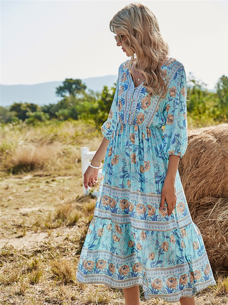 Spring Bohemia Floral Dress Women Casual V Neck High Waist Half Sleeve Fashion Print Summer Long Dress