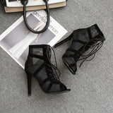 Darianrojas New Fashion Show Black Net Suede Fabric Cross Strap Sexy High Heel Sandals Woman Shoes Pumps Lace-up Peep Toe Sandals