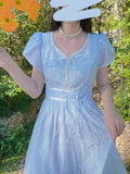 Blue Elegant Evening Party Midi Dresses Ladies Lace France Vintage Fairy Dress Summer V-neck Korean Sweet Retro Dress Women