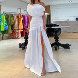 Women's Summer Maxi Dress Fashion Casual With Solid Nipped Waist Slim Slanted Shoulders Pleated Slit Evening Party Dresses