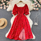 YuooMuoo Fast Shipping Women Dress Fashion Romantic Floral Print Split Long Summer Dress Puff Sleeve Party Korean Vestidos