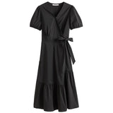 100% Cotton V-neck Summer Dress Women  Office Lady Black Green Casual Zipper Long Skirt