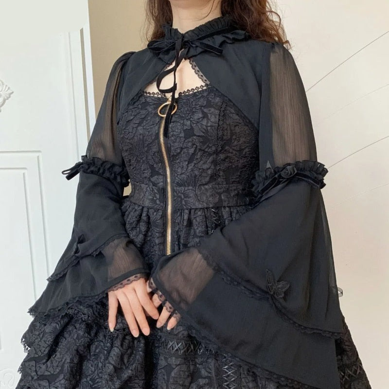 Darianrojas Victorian Vintage Gothic Lolita Cardigan Tops Women Elegant Medieval Flare Sleeve Butterfly Embroidery Shirts Female Punk Blouse