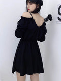 Large Size Gothic Women Black Mini Dress Sexy Off Shoulder High Waist Tunic Ladies Party Dress Long Sleeve V Neck Vestidos